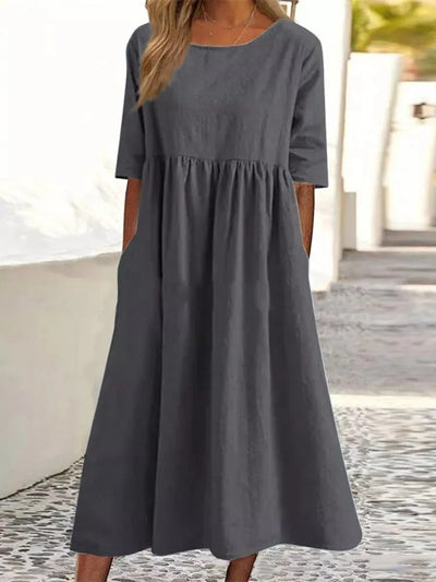VESTIDO DE LINO Y ALGODÓN CON CUELLO REDONDO Y BOLSILLOS