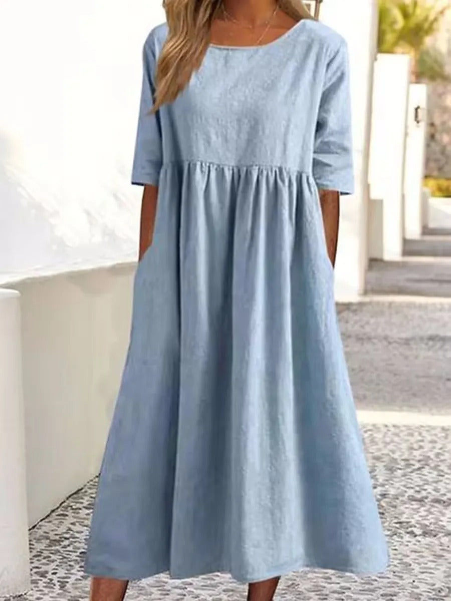VESTIDO DE LINO Y ALGODÓN CON CUELLO REDONDO Y BOLSILLOS