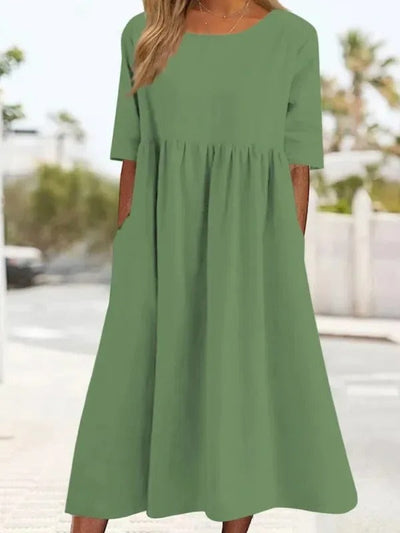 VESTIDO DE LINO Y ALGODÓN CON CUELLO REDONDO Y BOLSILLOS