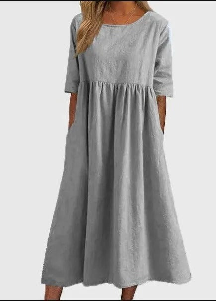 VESTIDO DE LINO Y ALGODÓN CON CUELLO REDONDO Y BOLSILLOS