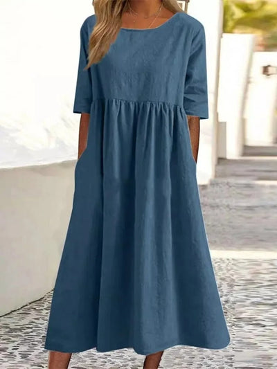 VESTIDO DE LINO Y ALGODÓN CON CUELLO REDONDO Y BOLSILLOS