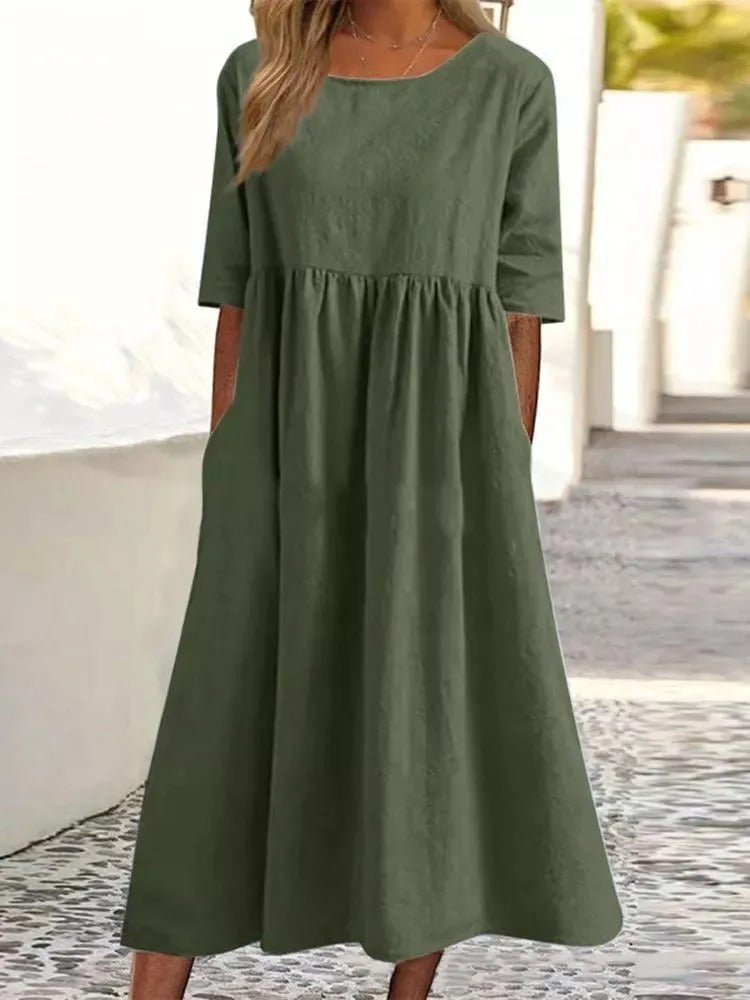 VESTIDO DE LINO Y ALGODÓN CON CUELLO REDONDO Y BOLSILLOS