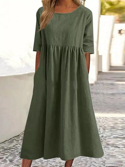 VESTIDO DE LINO Y ALGODÓN CON CUELLO REDONDO Y BOLSILLOS