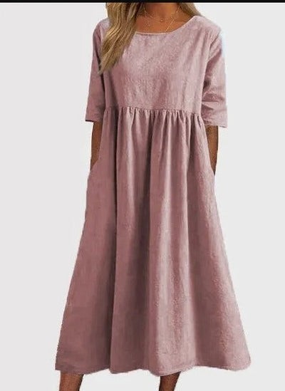 VESTIDO DE LINO Y ALGODÓN CON CUELLO REDONDO Y BOLSILLOS