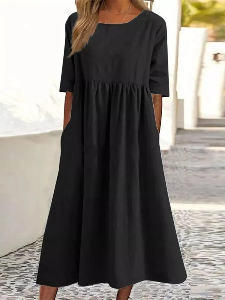 VESTIDO DE LINO Y ALGODÓN CON CUELLO REDONDO Y BOLSILLOS