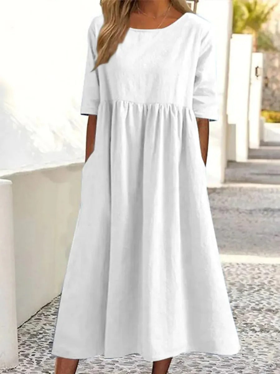VESTIDO DE LINO Y ALGODÓN CON CUELLO REDONDO Y BOLSILLOS